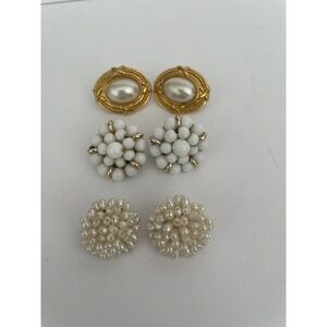 3 Pairs Of Clip On Vintage Earrings Grandmacore Granny Core Faux Pearl Gold tone
